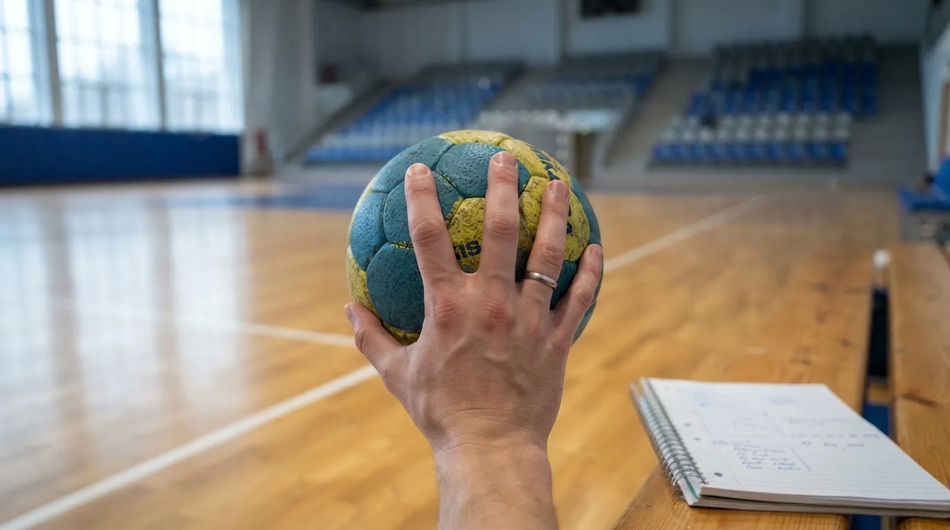Eine Hand hält einen Handball, im Hintergrund eine unscharfe Tribüne, daneben liegt ein Notizblock auf einer Bank.