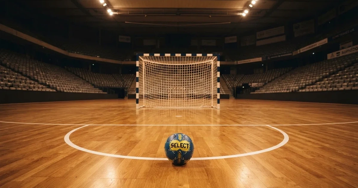 Ein Handball liegt auf dem Hallenboden vor einem Tor mit Netz, die leere Halle wird von Flutlicht beleuchtet.