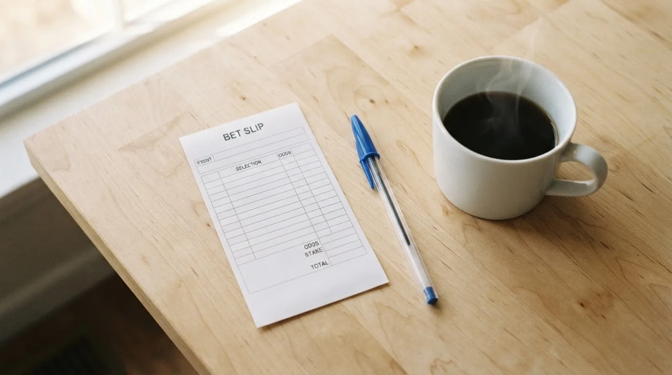 Ein leerer Wettschein aus Papier und ein Kugelschreiber liegen auf einem Schreibtisch neben einer Tasse Kaffee im Tageslicht.