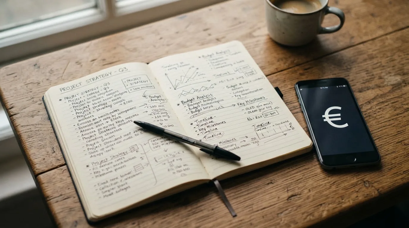 Ein Notizbuch mit handschriftlichen Notizen und ein Stift liegen auf einem Holztisch neben einem Smartphone mit dunklem Bildschirm.