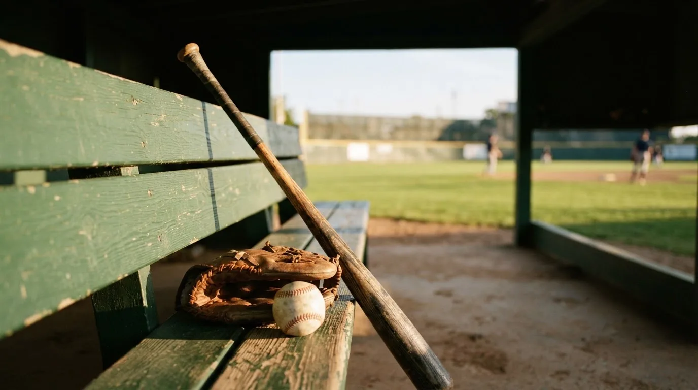 Ein Baseballschläger lehnt an einer Bank im Dugout, daneben liegen ein Handschuh und ein Ball im Licht der Nachmittagssonne.