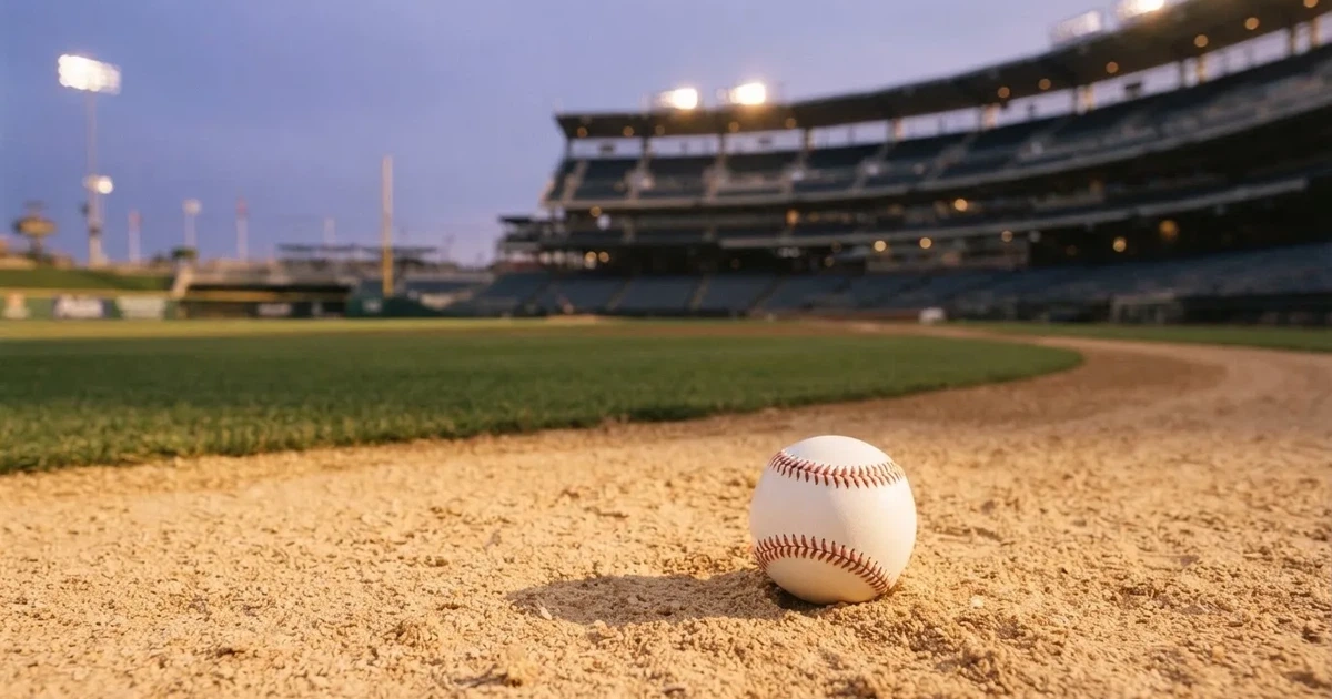 Ein Baseball liegt auf dem hellen Sand des Infields, im Hintergrund eine große Tribüne in der Abenddämmerung.
