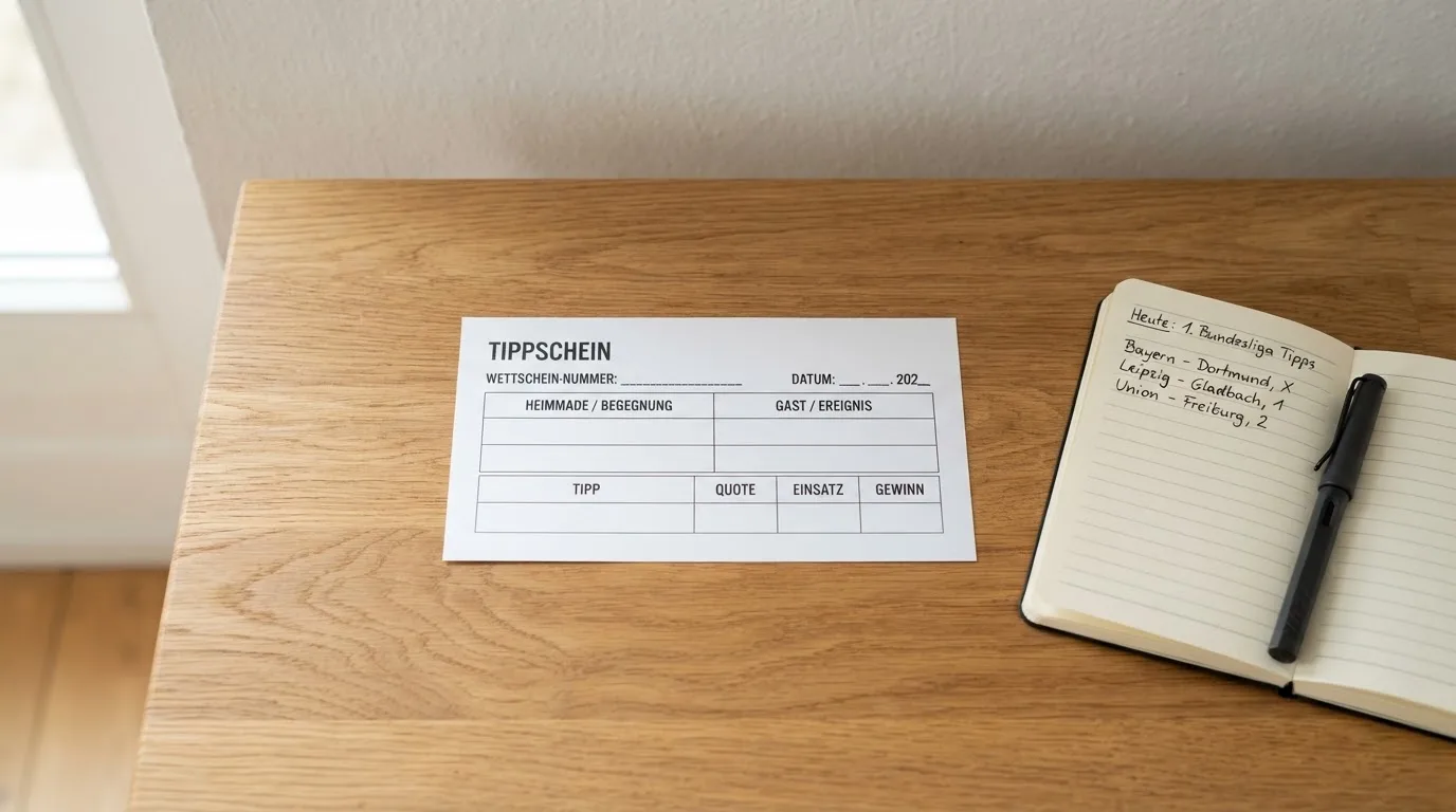 Ein leerer Wettschein aus Papier liegt neben einem Notizbuch und einem Stift auf einem aufgeräumten Schreibtisch.