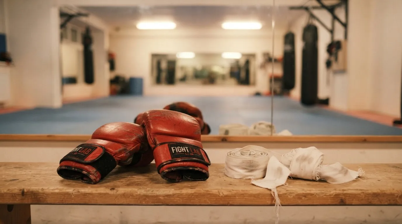 Ein Paar Kampfhandschuhe und eine Bandage liegen auf einer Holzbank in einem Trainingsraum mit Spiegelwand.