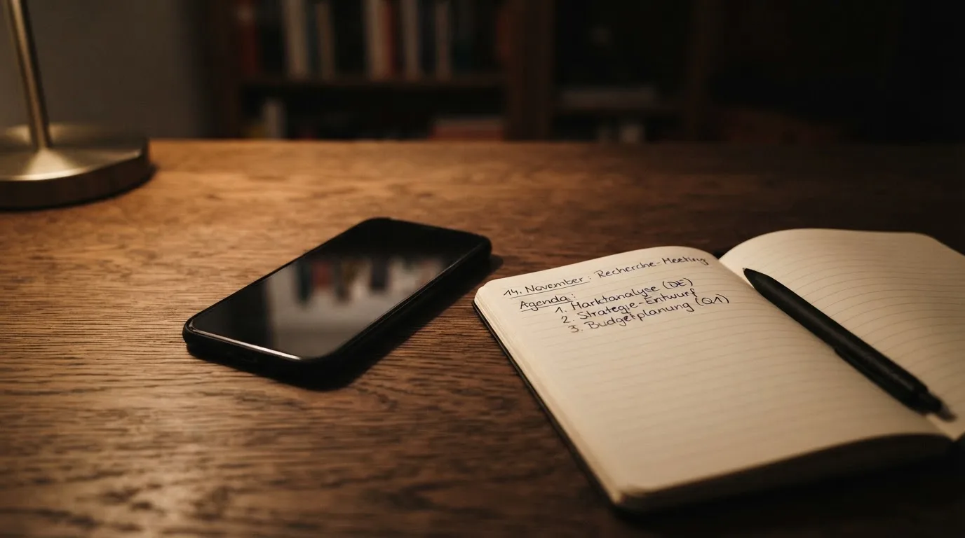 Ein Smartphone mit dunklem Display liegt neben einem Notizbuch und einem Kugelschreiber auf einem Tisch.