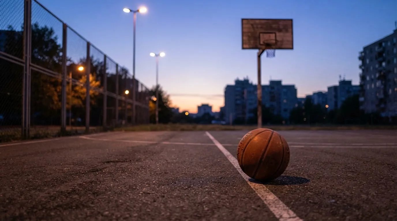 Ein Basketball rollt auf einem Freiluftplatz in der Abenddämmerung zu einem Korb, die Straßenlaternen leuchten bereits.