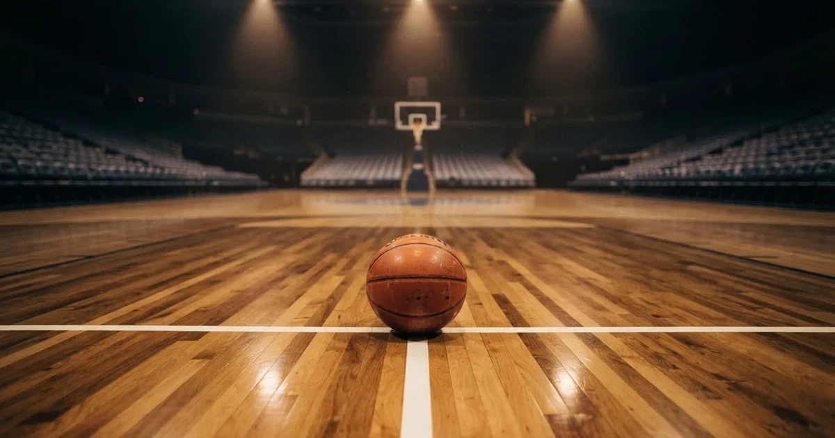Ein Basketball liegt auf dem Parkettboden einer leeren Arena, Scheinwerfer werfen Licht auf die Mittellinie.