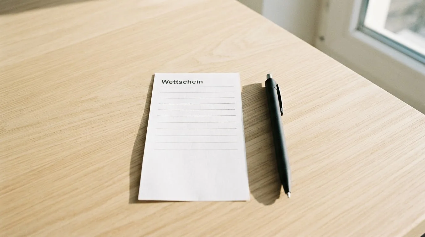 Ein leerer Wettschein aus Papier liegt neben einem Kugelschreiber auf einem Schreibtisch im Tageslicht.