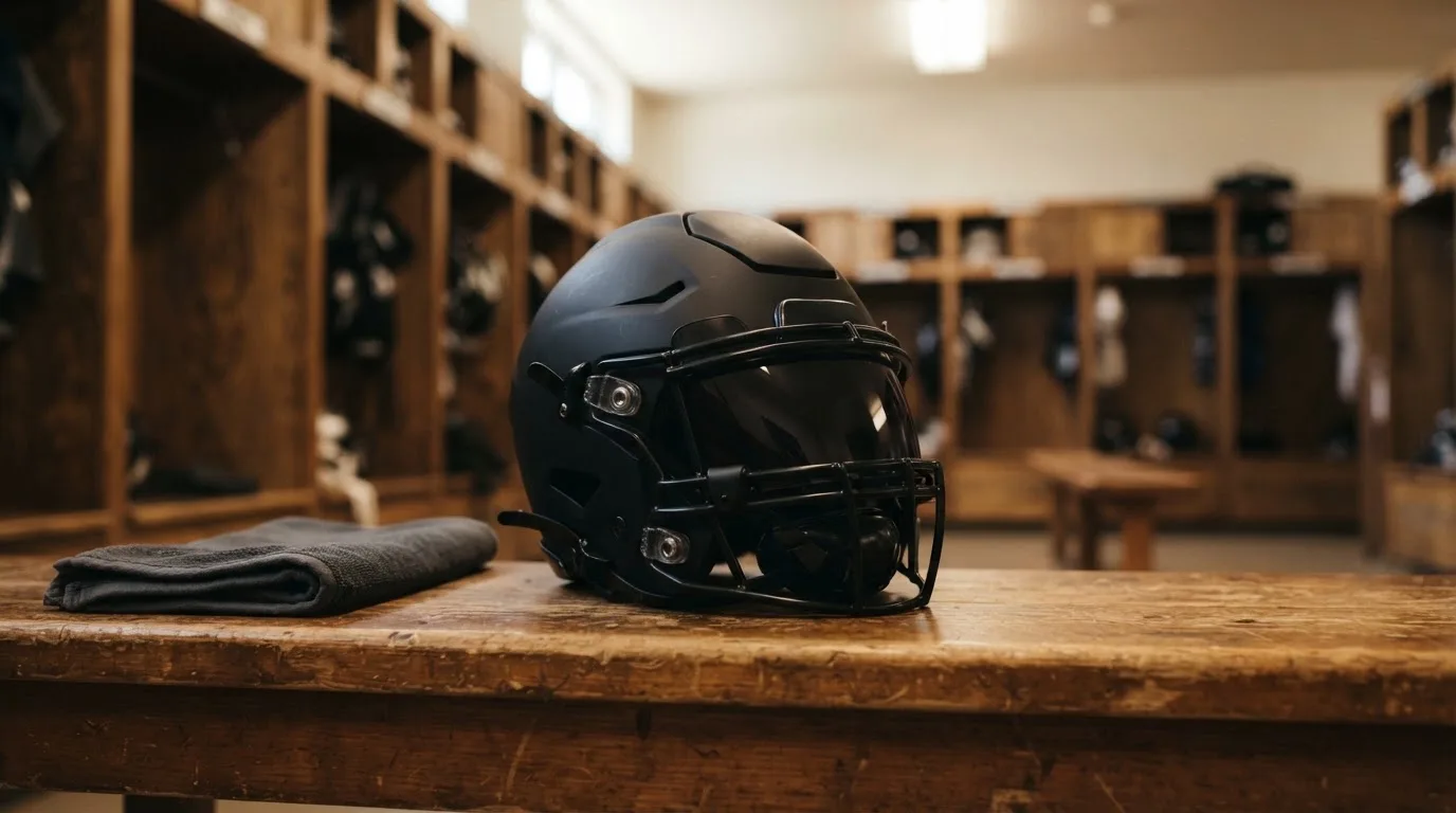 Ein neutraler Footballhelm ohne Aufdruck steht auf einer Holzbank in einer Umkleidekabine.