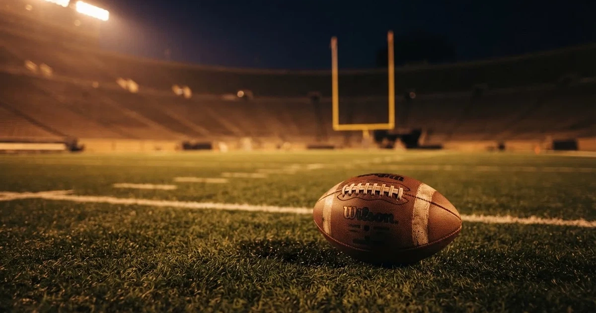 Ein American Football liegt auf dem Rasen eines leeren Stadions unter Flutlicht, die Torstangen ragen im Hintergrund auf.