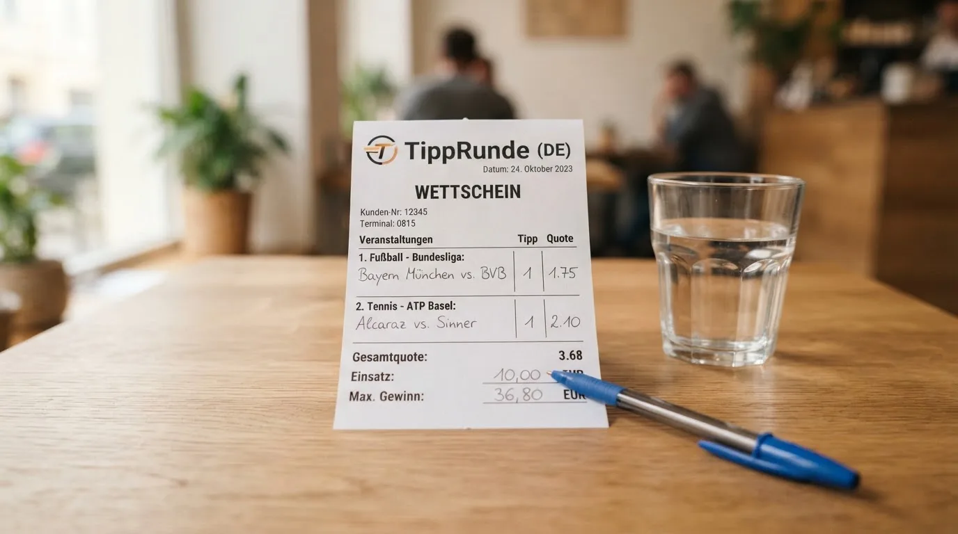 Ein leerer Wettschein aus Papier liegt neben einem Stift auf einem Tisch, daneben ein Glas Wasser.