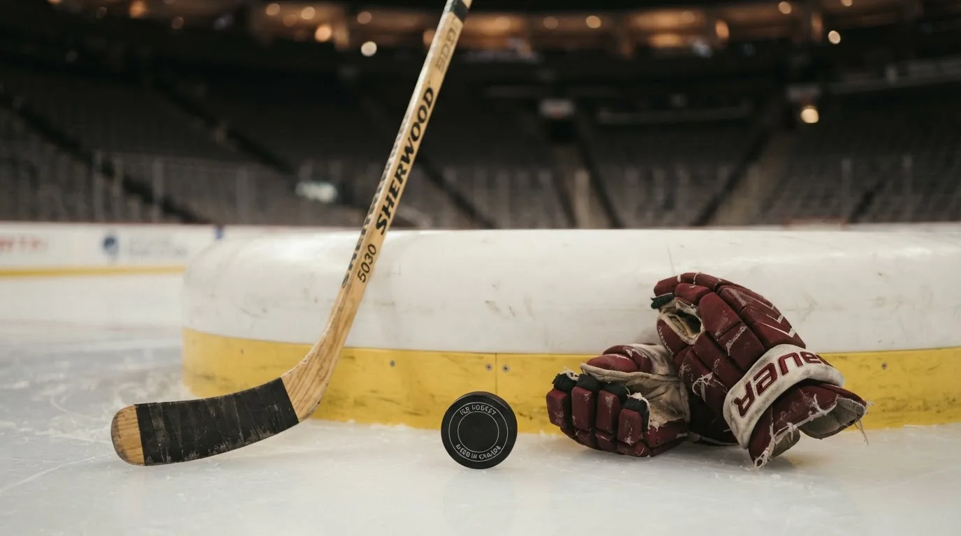 Ein Eishockeyschläger lehnt an einer Bande, daneben liegen ein Puck und ein Paar Handschuhe in einer Eishalle.
