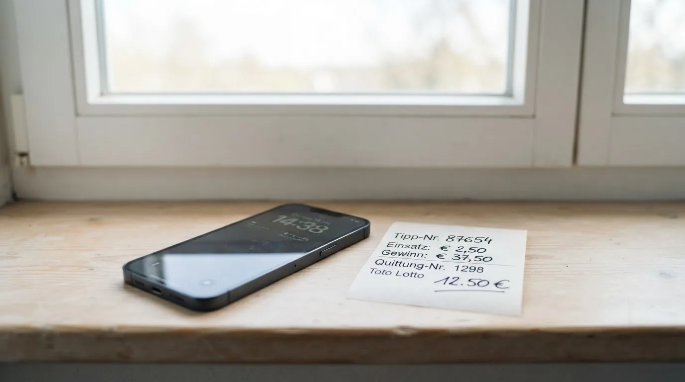 Ein leerer Wettschein aus Papier und ein Smartphone mit dunklem Display liegen auf einer Fensterbank im Tageslicht.