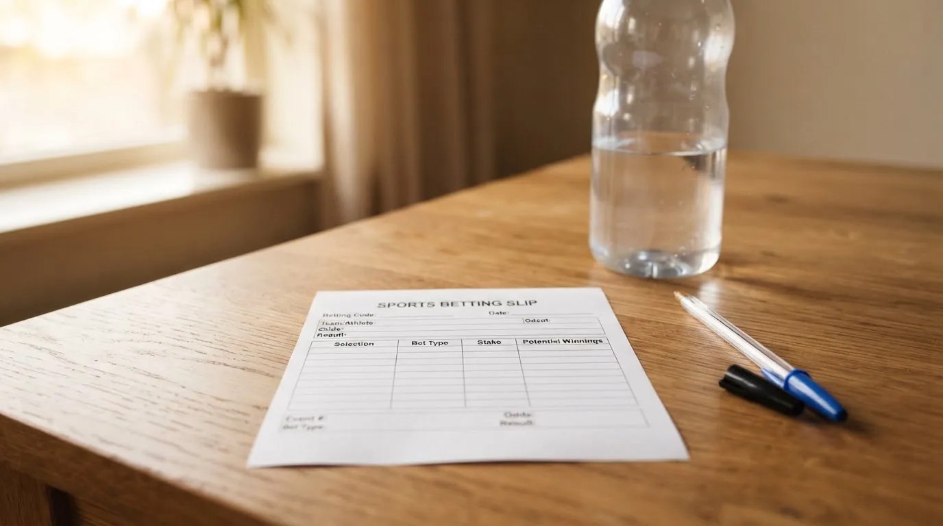 Ein leerer Wettschein aus Papier liegt neben einer Trinkflasche und einem Stift auf einem Tisch.
