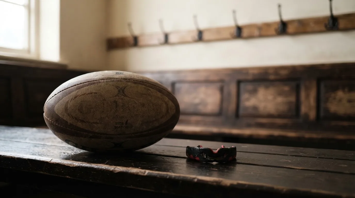 Ein Rugbyball und ein Mundschutz liegen auf einer Holzbank neben einer Reihe Kleiderhaken in einer Umkleide.