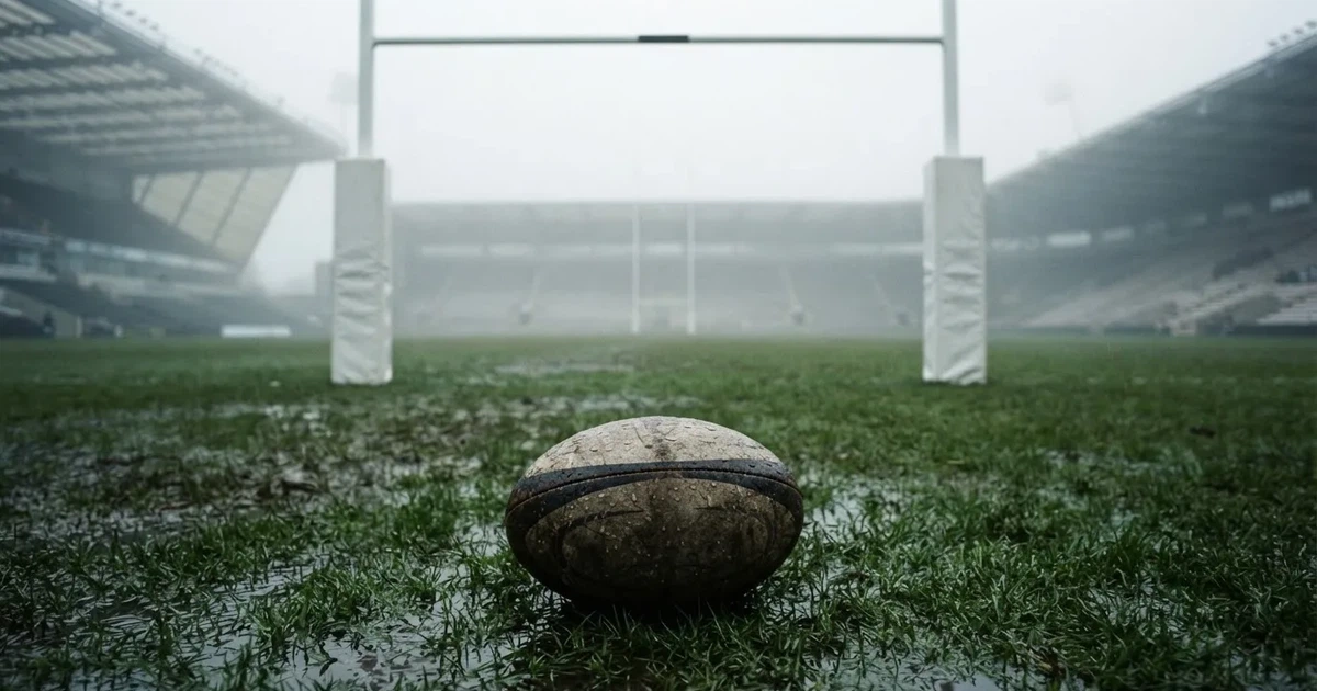 Ein ovaler Rugbyball liegt vor den hohen Torstangen auf nassem Rasen, über dem Stadion zieht Nebel auf.