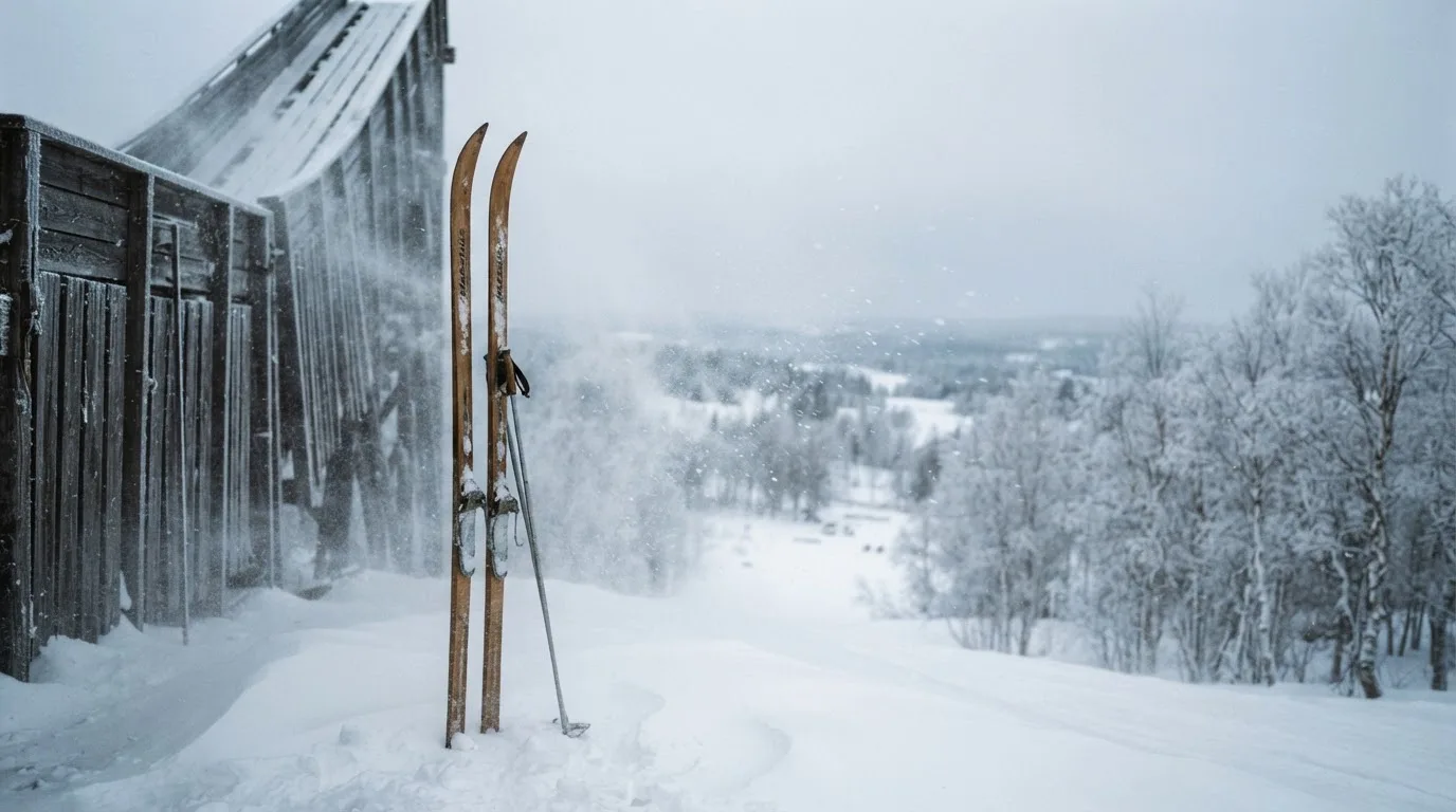 Ein Paar Skier steckt aufrecht im Schnee neben einem Anlaufturm, im Hintergrund wirbelt feiner Schnee im Wind.