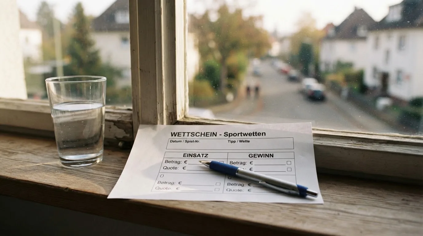 Ein leerer Wettschein aus Papier und ein Kugelschreiber liegen neben einem Glas Wasser auf einer Fensterbank.
