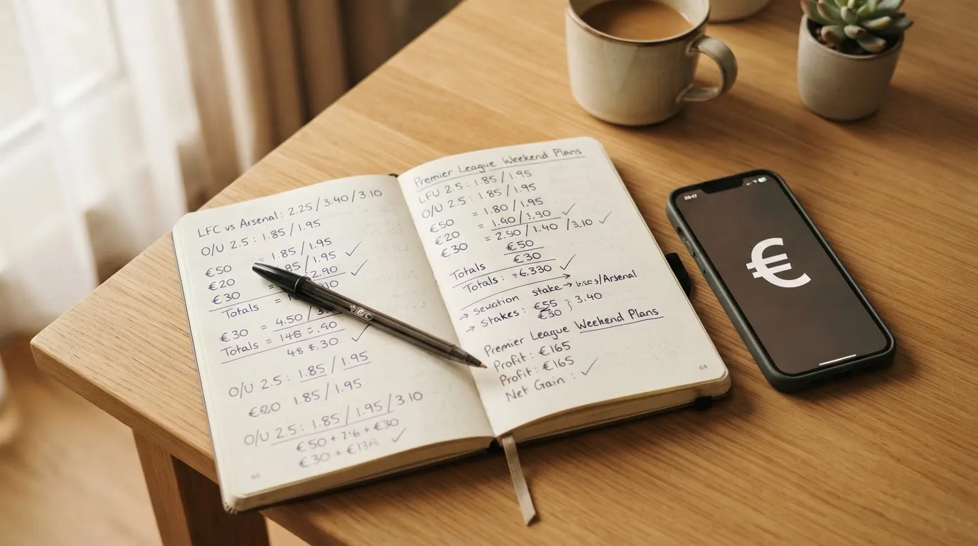 Ein aufgeschlagenes Notizbuch mit handschriftlichen Rechnungen liegt neben Stift und Smartphone auf einem Holztisch im Tageslicht.