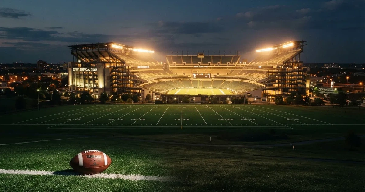 Ein Footballstadion bei Flutlicht aus der Ferne gesehen, davor ein leerer Rasen mit Yard-Linien und ein ovaler Ball am Spielfeldrand.