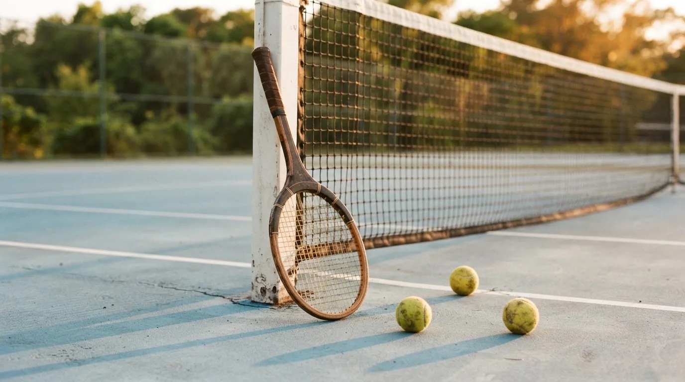 Ein Tennisschläger lehnt an einem Netzpfosten, daneben liegen drei Bälle auf einem Hartplatz in warmem Nachmittagslicht.