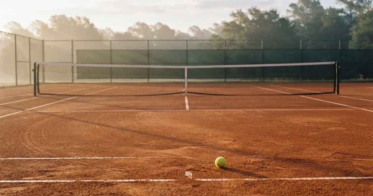 Ein Sandplatz am frühen Morgen mit frisch gezogenen Linien, einem Netz in der Mitte und einem gelben Ball auf der Grundlinie.