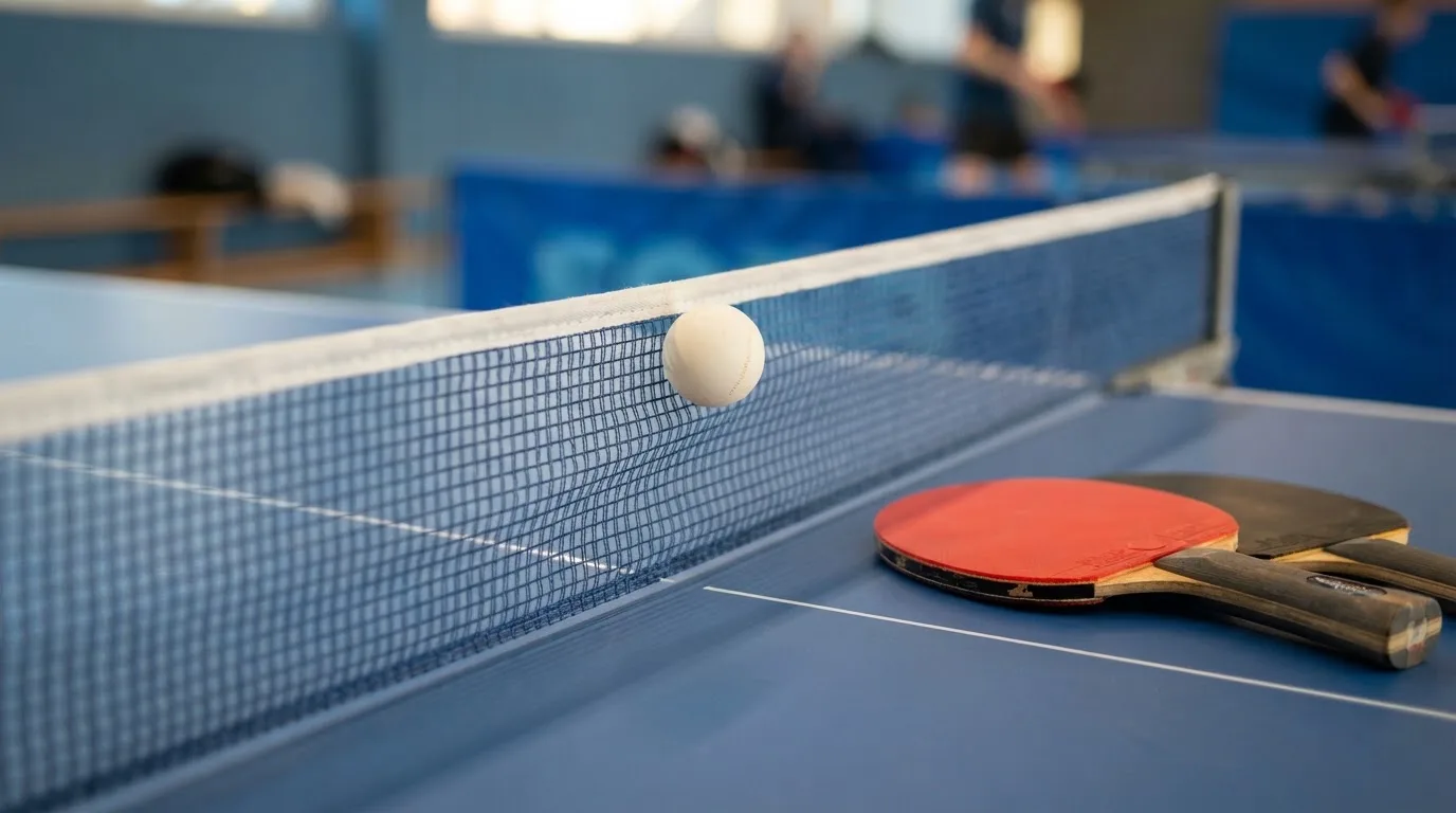 Ein weißer Ball liegt in Nahaufnahme auf der Netzkante einer Tischtennisplatte, daneben zwei Holzschläger mit rotem und schwarzem Belag.