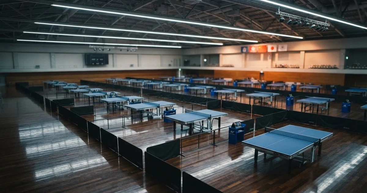 Eine Tischtennishalle aus erhöhter Perspektive mit mehreren blauen Tischen in Reihen unter gedämpftem Hallenlicht, ohne Personen.