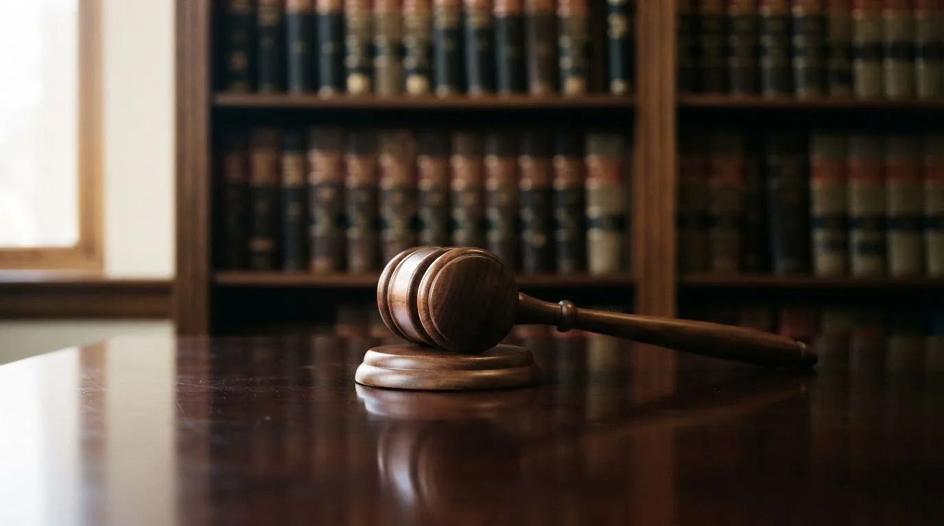 Ein Richterhammer aus Holz liegt auf einer polierten Tischplatte, dahinter eine unscharfe Bücherwand.