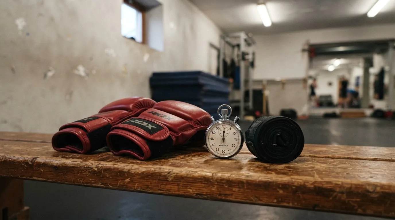 Ein Paar Kampfhandschuhe und eine Stoppuhr liegen auf einer Bank im Trainingsraum neben einer aufgerollten Handbandage.