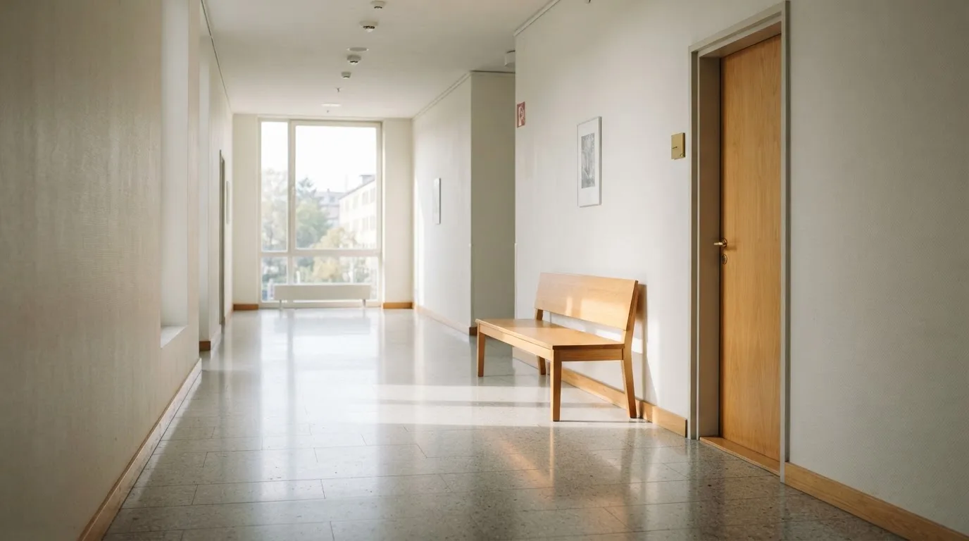 Ein heller Flur in einem Verwaltungsgebäude mit einer leeren Holzbank und einem Fenster, durch das Morgenlicht fällt.