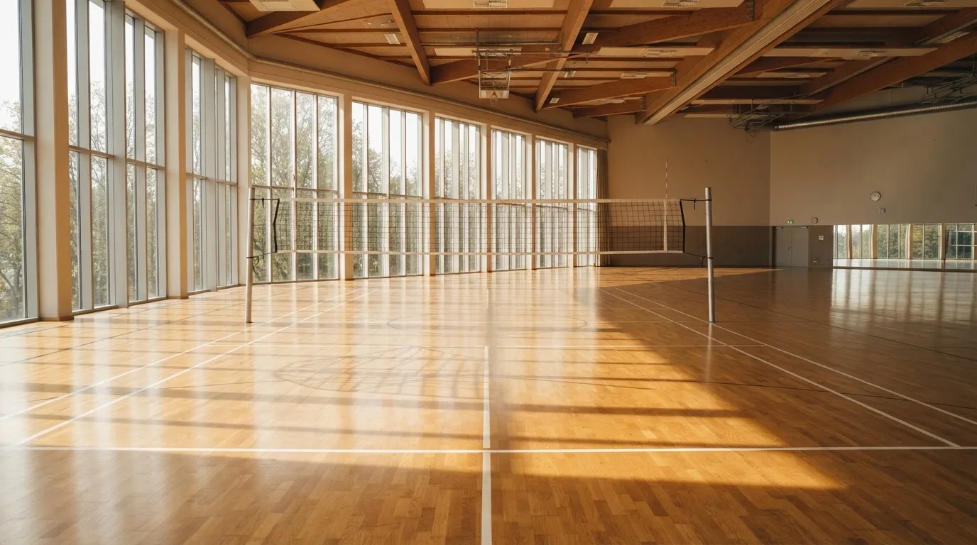 Eine leere Sporthalle mit gespanntem Volleyballnetz und glänzendem Parkett, durch hohe Fenster fällt Tageslicht.