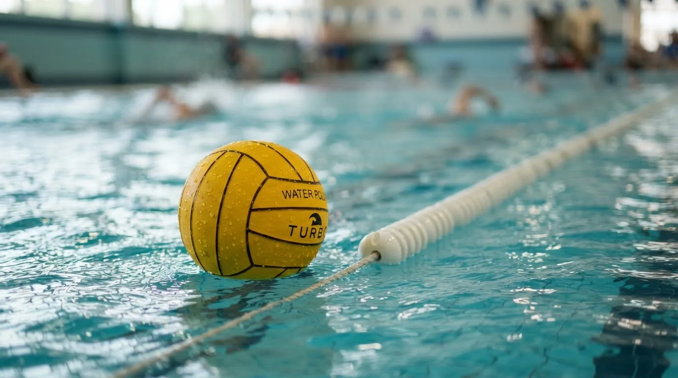 Ein gelber Wasserball treibt in Nahaufnahme auf der Wasseroberfläche neben einer Leine mit Bojen.