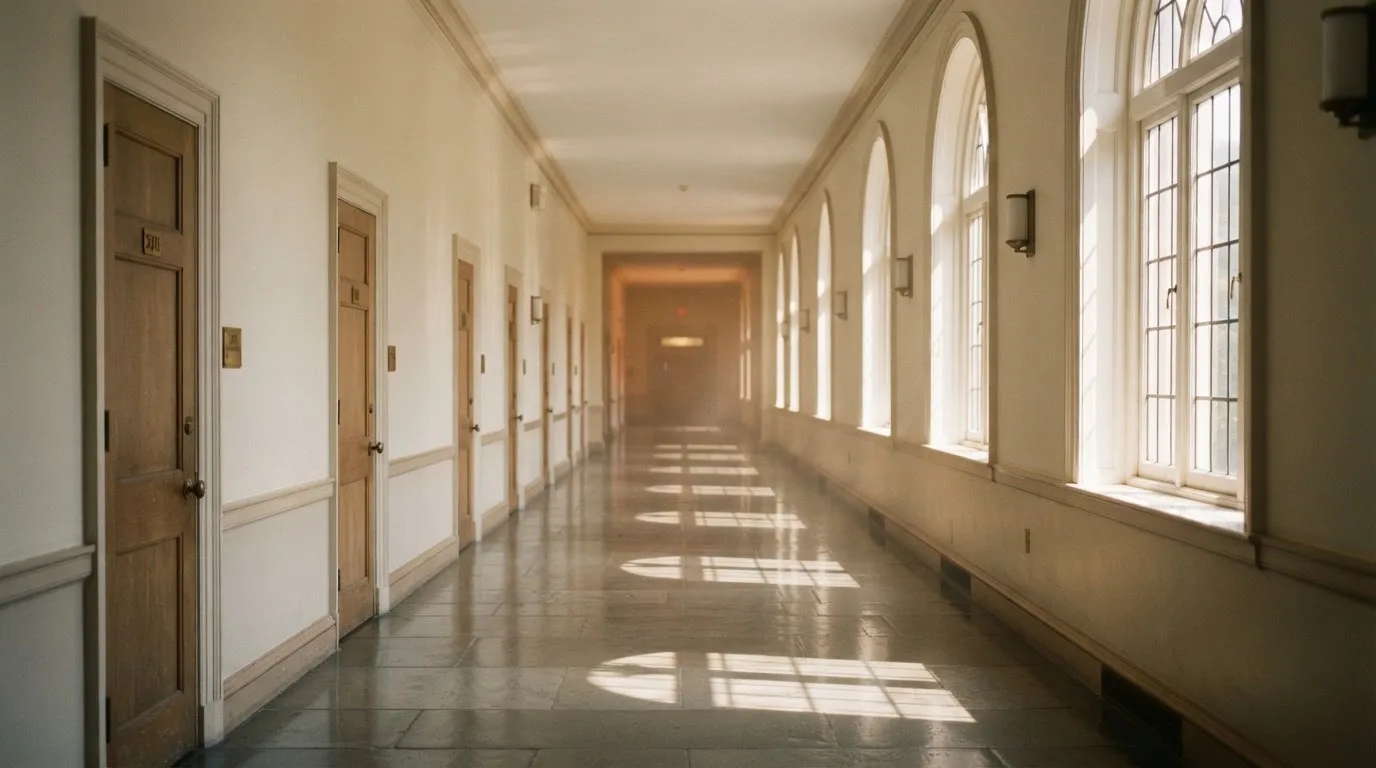 Ein leerer Amtsflur mit hohen Fenstern und glänzendem Steinboden, durch die Fenster fällt das Licht eines Vormittags.