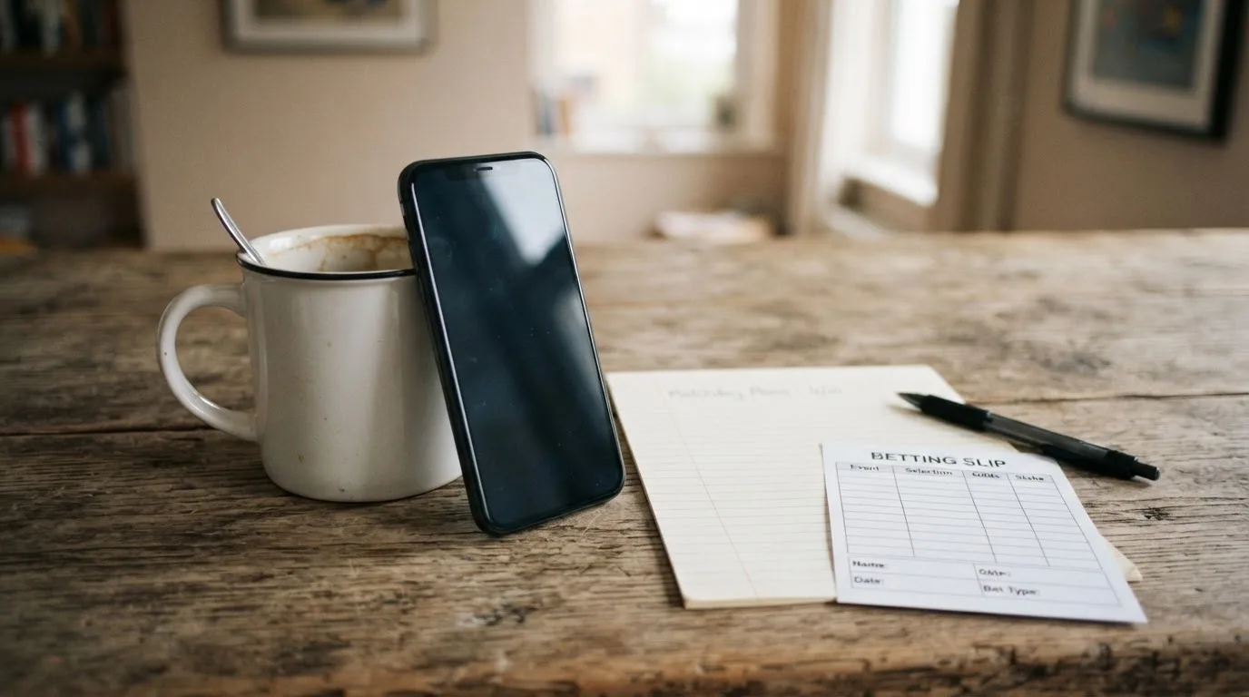 Ein Smartphone mit dunklem Bildschirm lehnt an einer Kaffeetasse auf einem Holztisch, daneben ein blanker Papier-Wettschein.