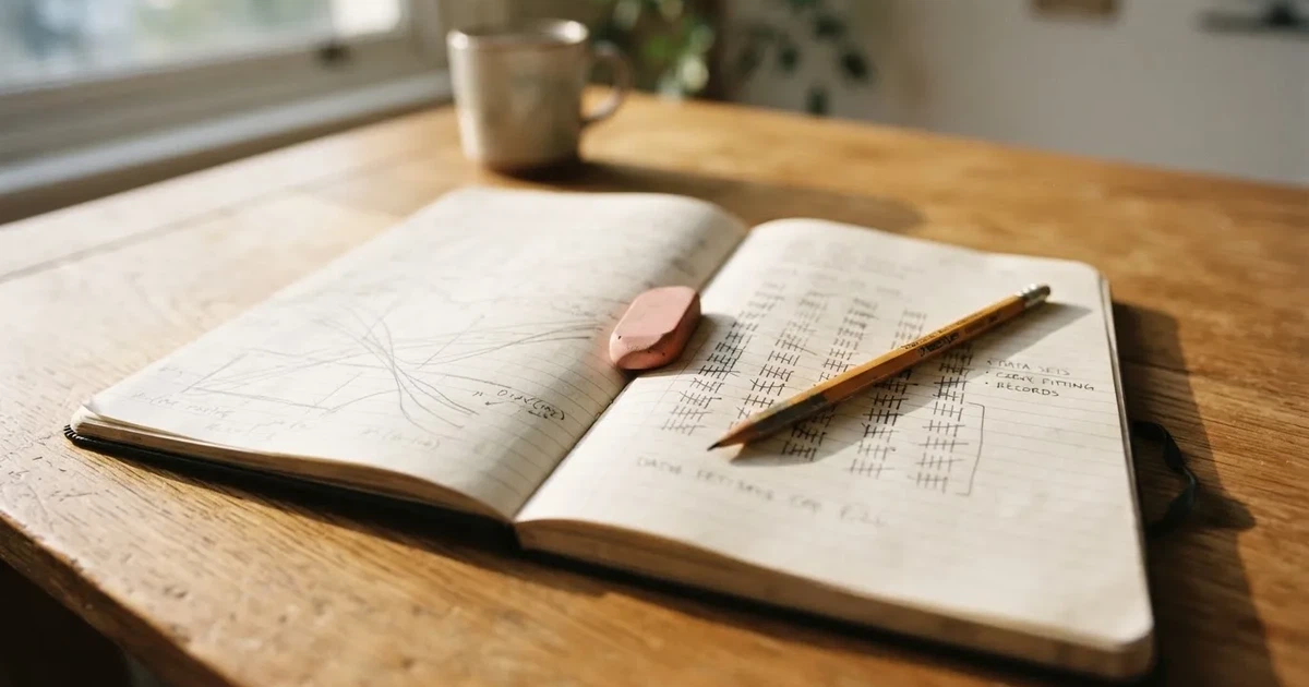 Ein Notizbuch mit handgezeichneten Kurven und Strichlisten liegt aufgeschlagen neben Bleistift und Radiergummi auf einem Schreibtisch im Tageslicht.