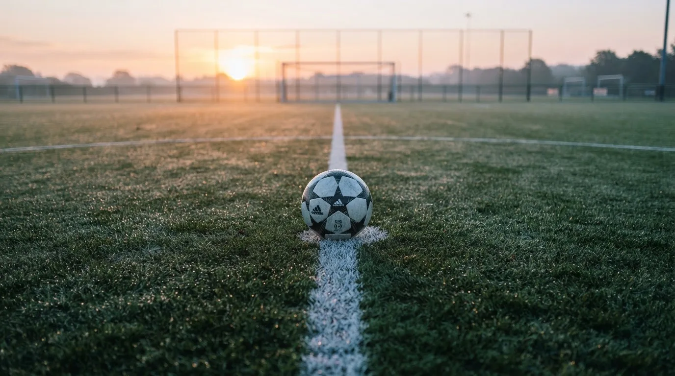 Ein Fußball liegt auf dem Anstoßpunkt eines Rasenplatzes im ersten Morgenlicht, Tau glänzt auf dem Gras.