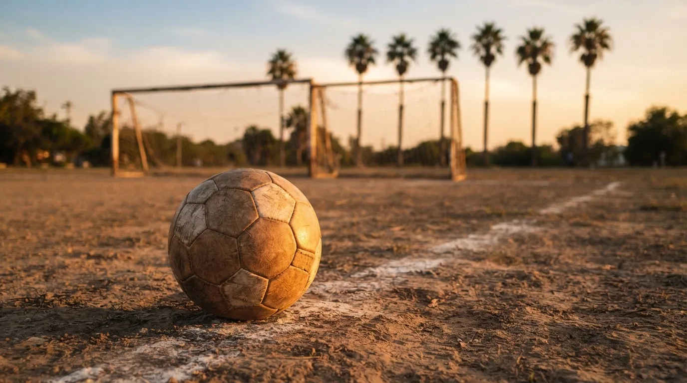 Ein Fußball liegt auf einem staubigen Bolzplatz mit Palmen im Hintergrund in warmem Abendlicht.