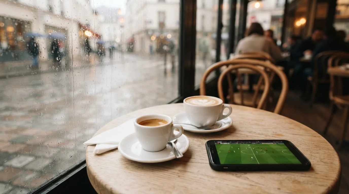 Zwei Kaffeetassen und ein dunkles Smartphone stehen auf einem Café-Tisch am Fenster im Morgenlicht.