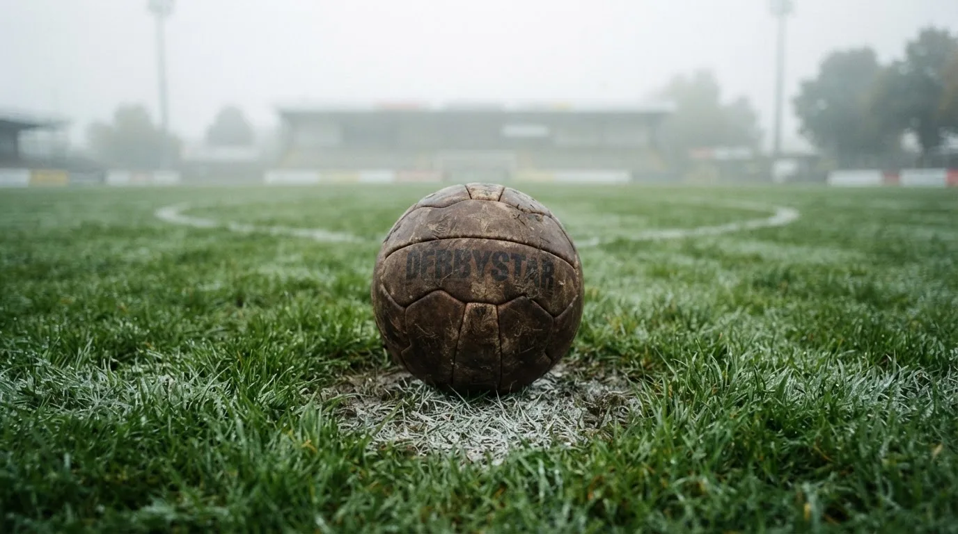 Ein abgewetzter Fußball liegt auf dem Anstoßkreis eines Naturrasens im Morgennebel.