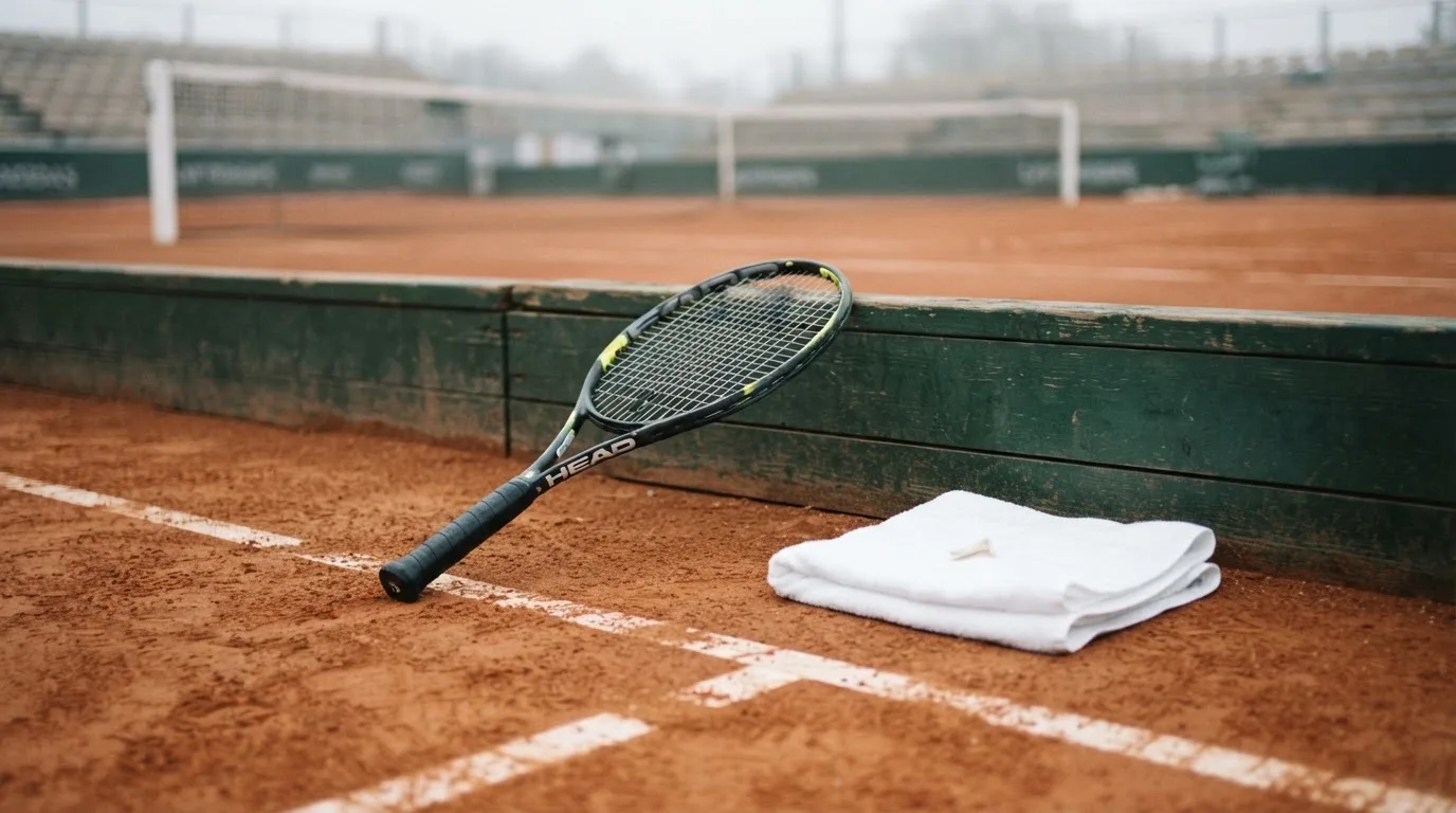 Ein Tennisschläger lehnt an einer dunkelgrünen Bande ohne Aufschrift auf einem Sandplatz, daneben liegt ein Handtuch.