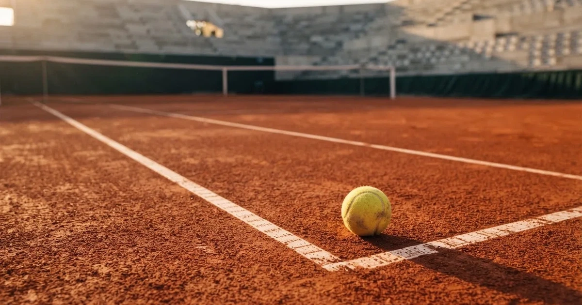 Ein Sandplatz mit rötlichem Belag und gezogenen weißen Linien, ein einzelner Tennisball liegt neben der Linie, im Hintergrund eine leere Tribüne.