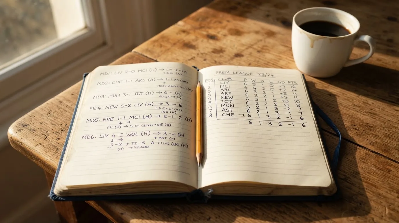 Ein aufgeschlagenes Notizbuch mit handschriftlichen Skizzen liegt neben einem Bleistift auf einem Holztisch, daneben eine Tasse Kaffee.