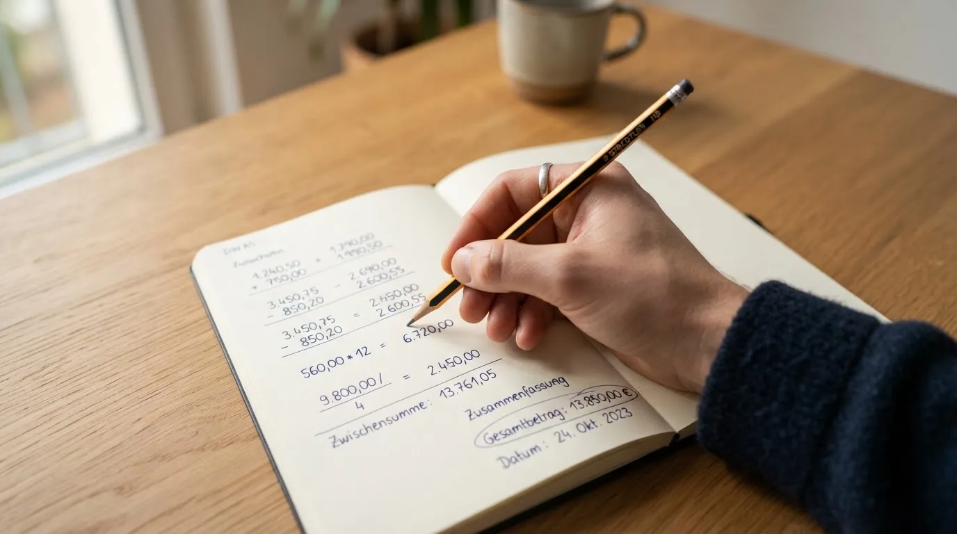 Ein Taschenrechner und ein Bleistift liegen auf einem Schreibtisch neben einem aufgeschlagenen Notizbuch mit handschriftlichen Zahlenreihen.