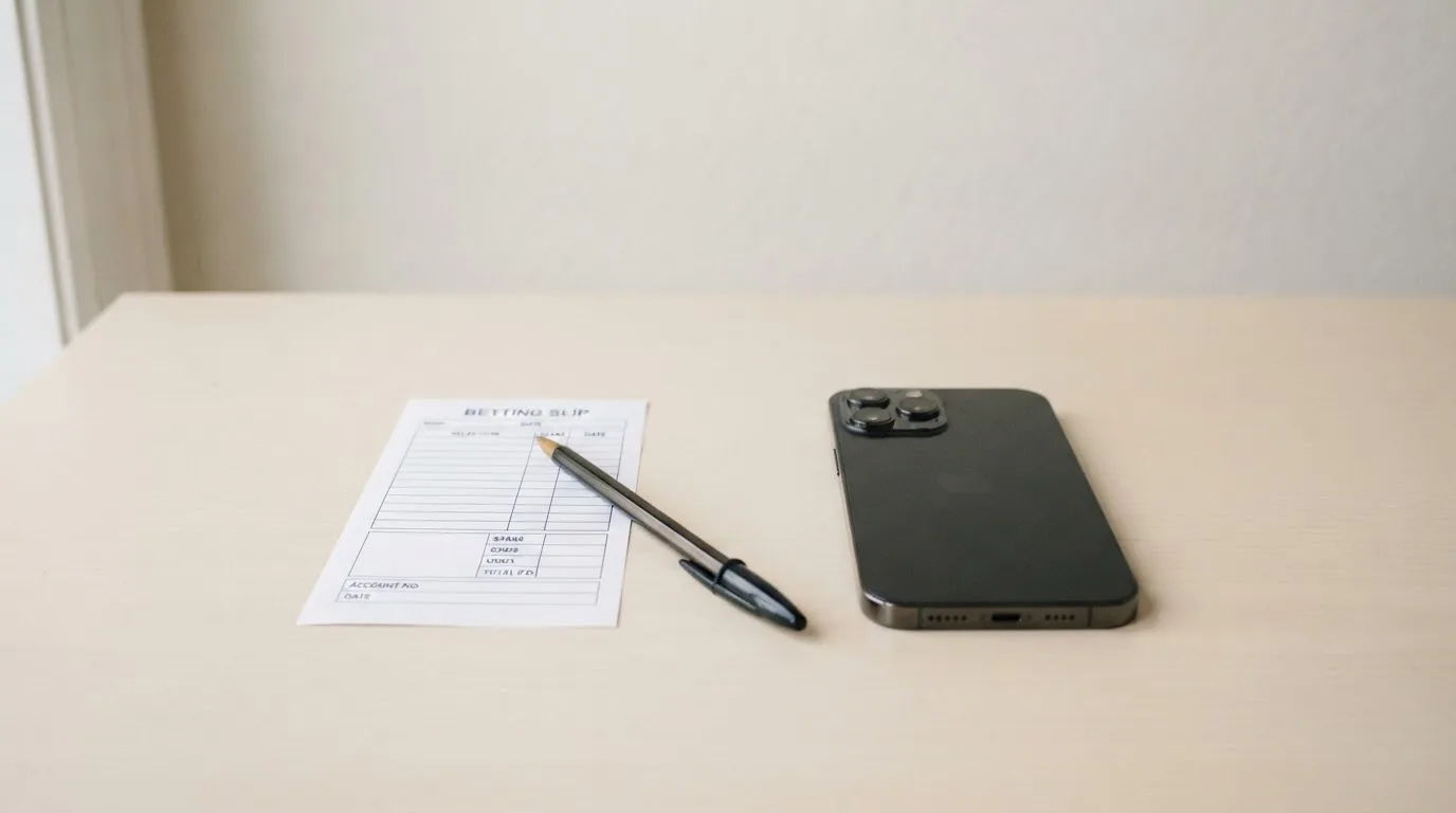 Ein leerer Papier-Wettschein liegt neben einem Smartphone mit dunklem Display auf einer hellen Tischplatte, daneben ein Kugelschreiber.
