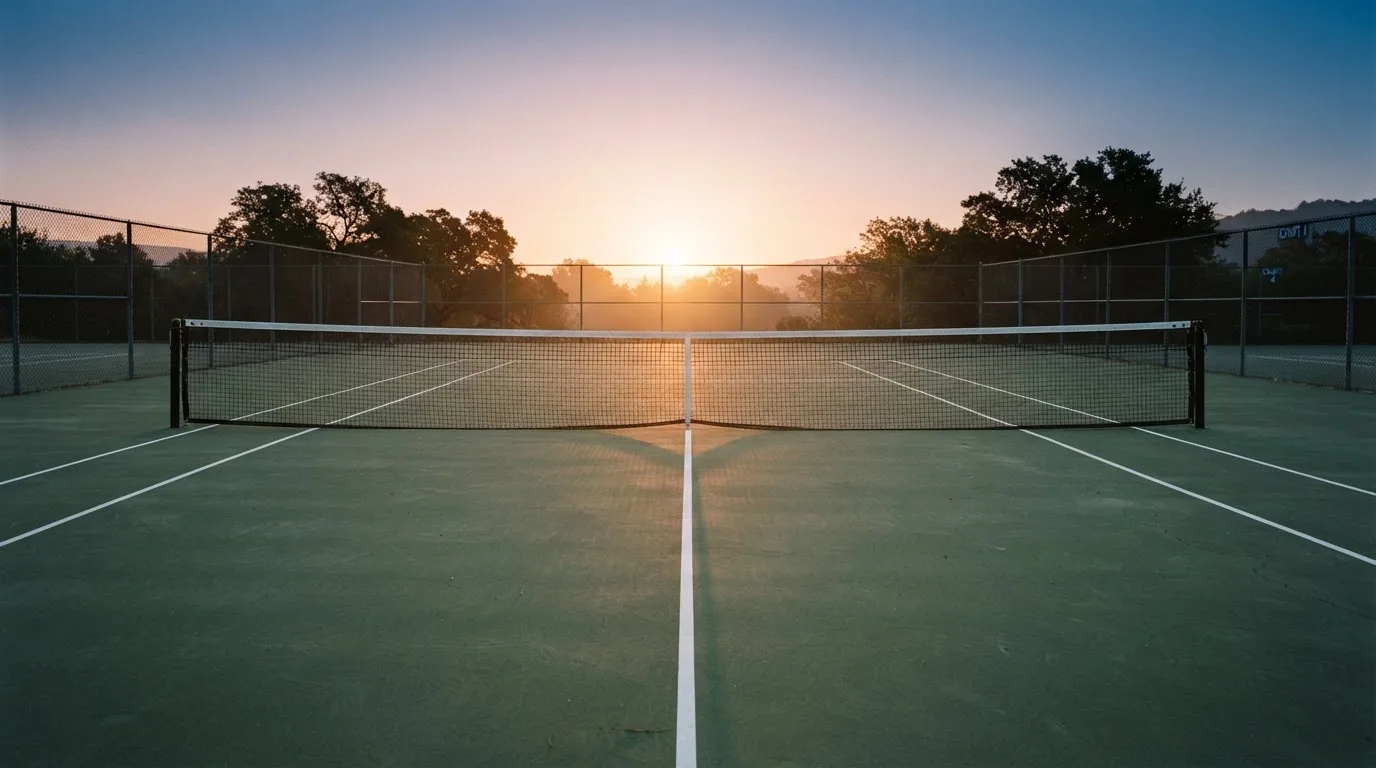 Ein Tennisplatz bei Sonnenaufgang, Netz und Grundlinien im weichen Licht, niemand ist zu sehen.