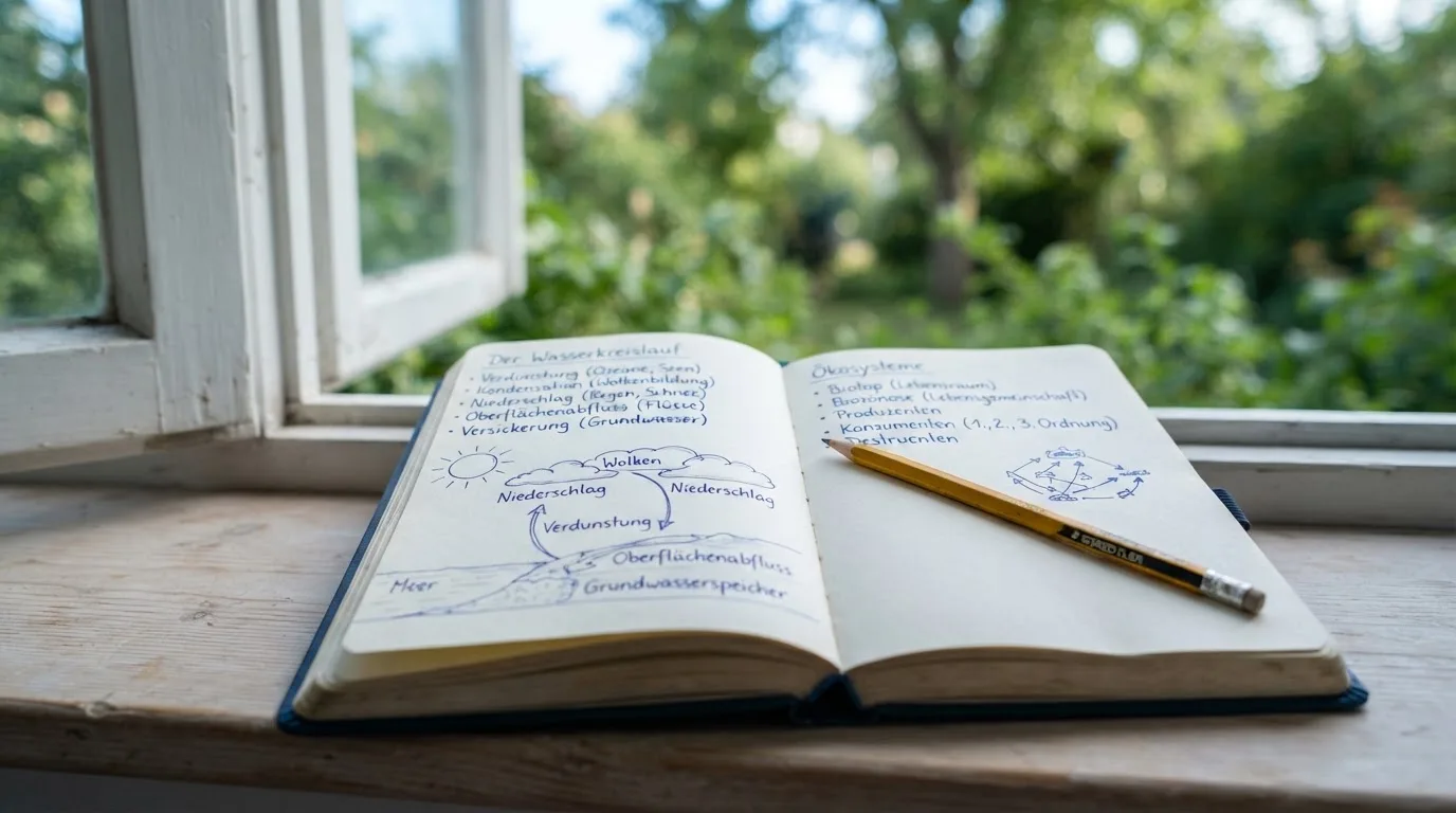 Ein aufgeschlagenes Notizbuch mit handschriftlichen Skizzen und ein Bleistift liegen auf einer Fensterbank im Tageslicht.