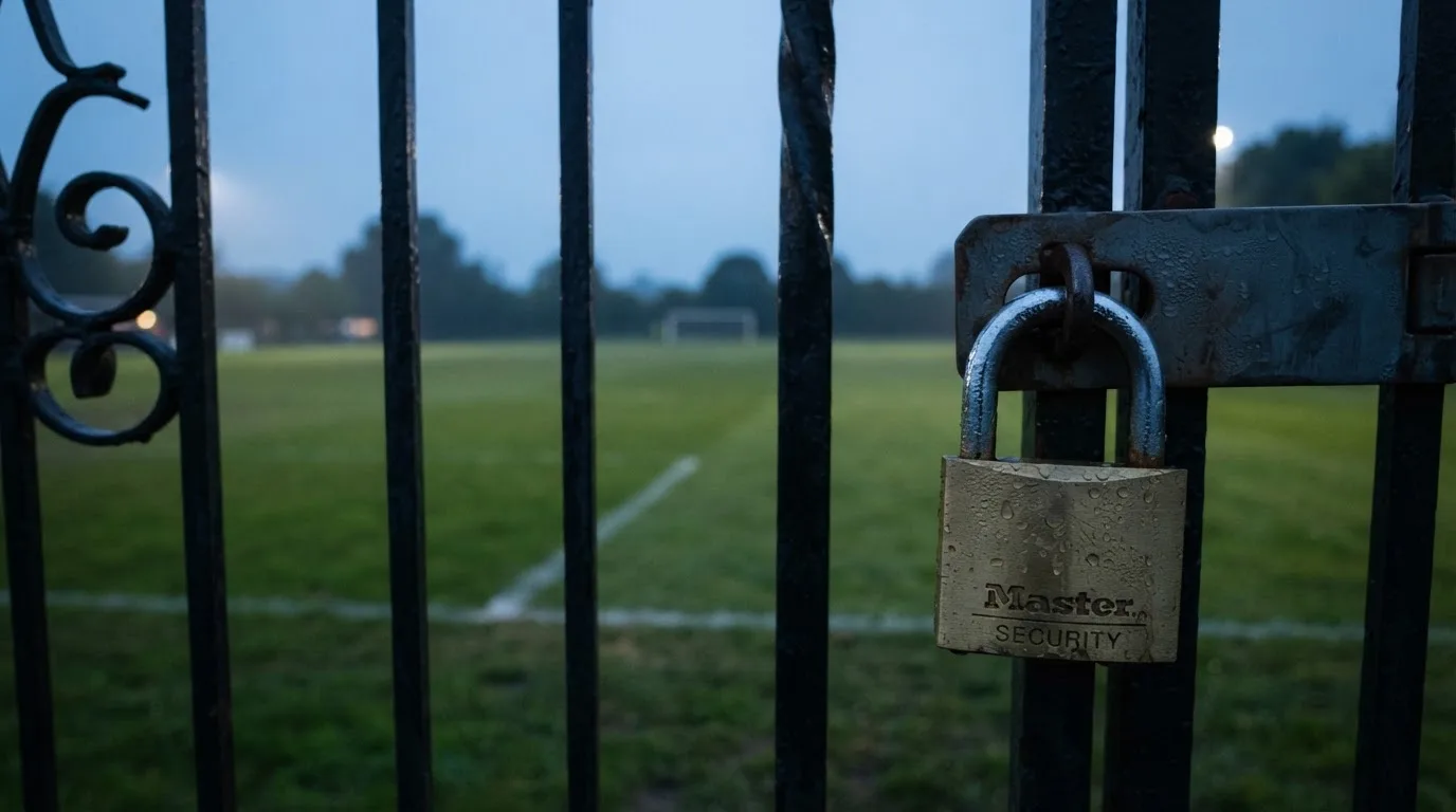 Ein Vorhängeschloss hängt an einem Metalltor, dahinter ein unscharfer Fußballplatz in der Dämmerung.