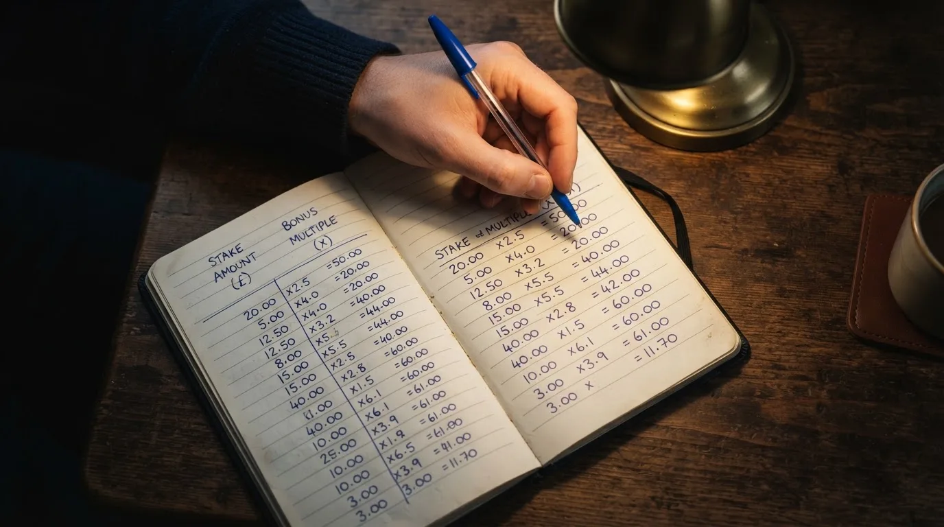 Ein Taschenrechner und ein Notizbuch mit handschriftlichen Zahlenreihen liegen auf einem Schreibtisch unter einer Lampe.