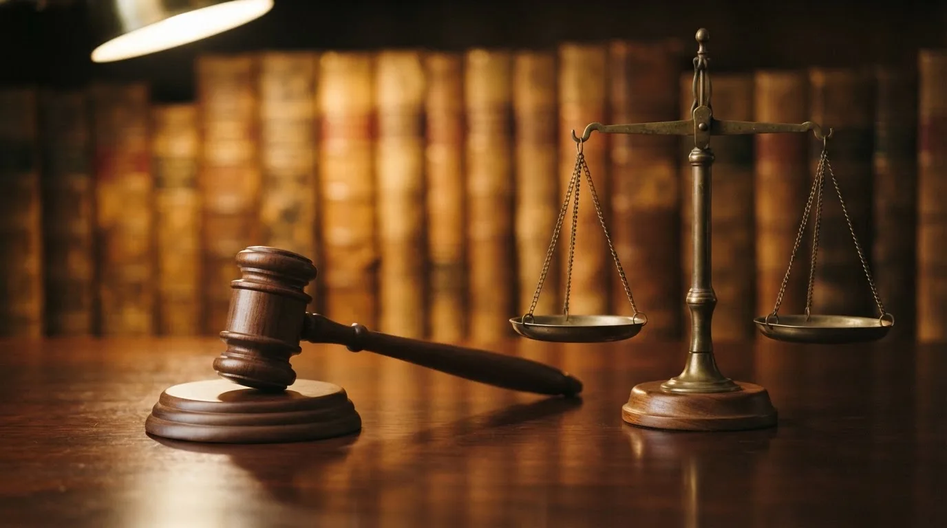 Ein Richterhammer aus Holz liegt auf einer polierten Tischplatte neben einer Messingwaage, im Hintergrund ein verschwommenes Bücherregal.